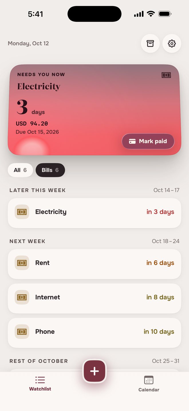 Aheado Watchlist filtered by Bills: Electricity in 3 days, Rent in 6 days, Internet in 8 days, Phone in 10 days