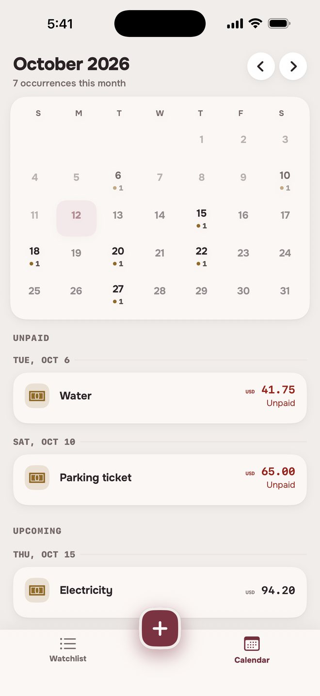 Aheado calendar for October: Water and Parking ticket marked Unpaid, Electricity USD 94.20 on October 15