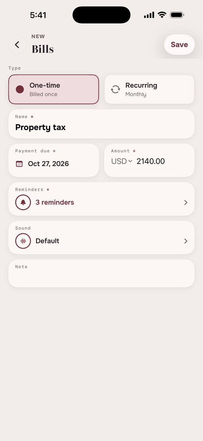 Aheado form for a new bill: type, name, payment due, amount, reminders, sound and note