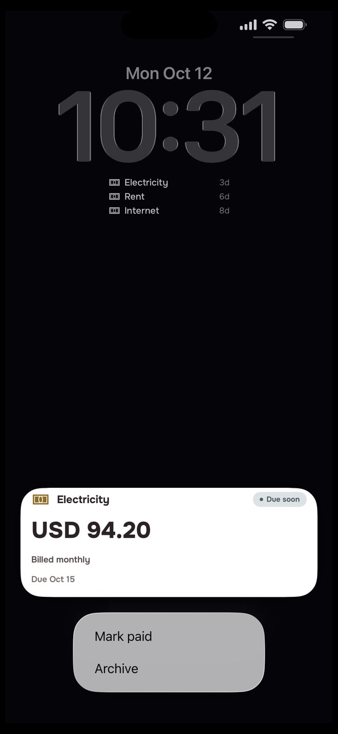Aheado on the iPhone Lock Screen: a widget with Electricity, Rent and Internet, and an Electricity reminder for USD 94.20 held open with Mark paid and Archive