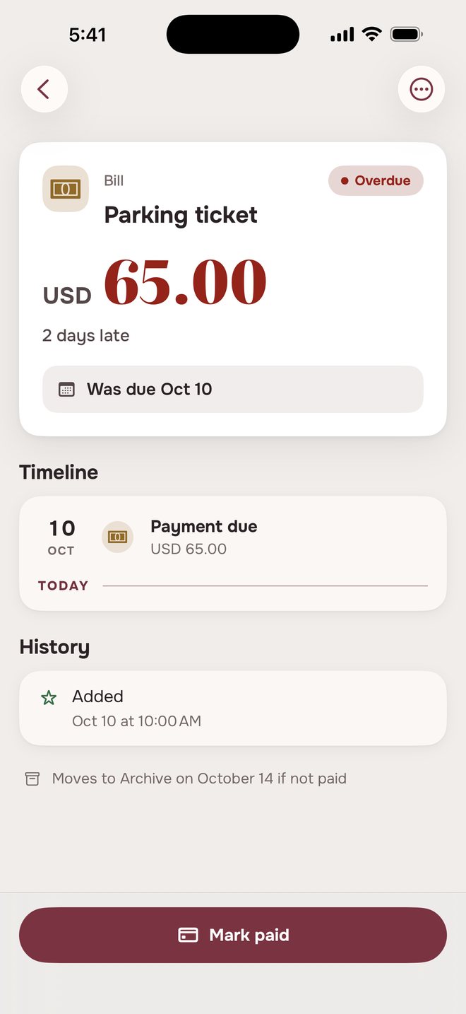 Aheado bill page: Parking ticket, overdue, 2 days late