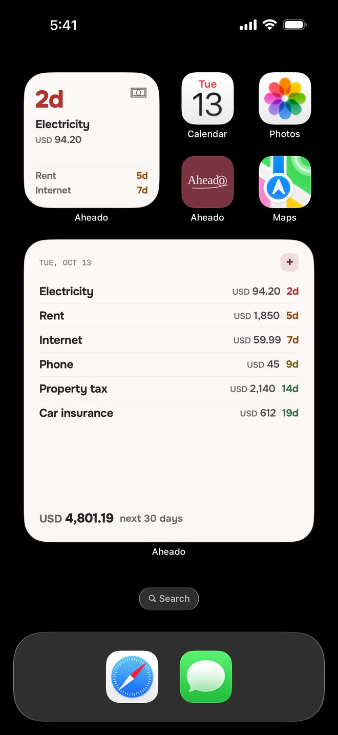 Aheado Home Screen widgets, the large one listing six bills and USD 4,801.19 for the next 30 days