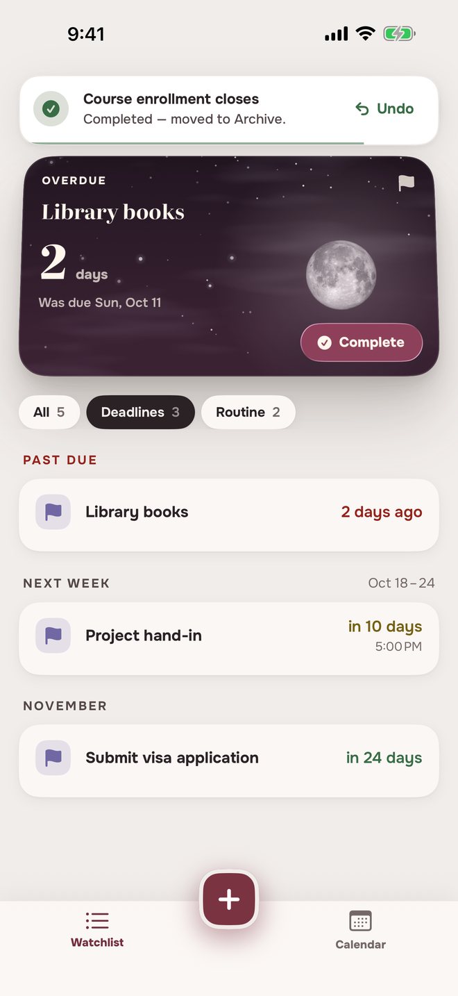 Aheado banner: Course enrollment closes, Completed — moved to Archive, with Undo