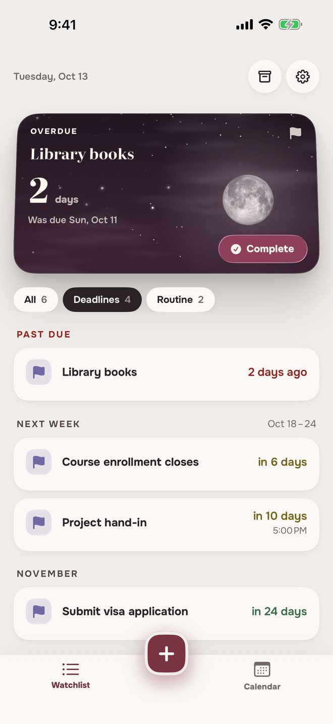 Aheado Watchlist filtered by Deadlines: Library books 2 days ago, Course enrollment closes in 6 days, Project hand-in in 10 days at 5:00 PM, Submit visa application in 24 days