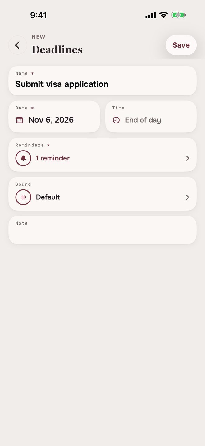 Aheado form for a new deadline: name, date, time, reminders, sound and note