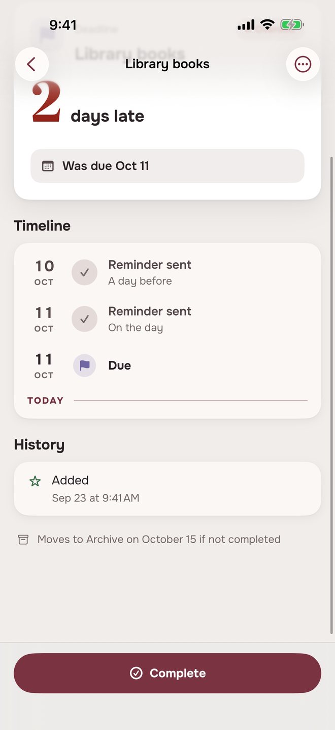 Aheado deadline page: Library books, 2 days late, with Moves to Archive on October 15 if not completed