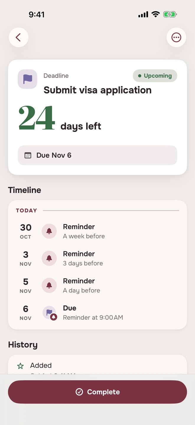 Aheado deadline page: Submit visa application, 24 days left, with reminders a week, 3 days and a day before, and on the due date