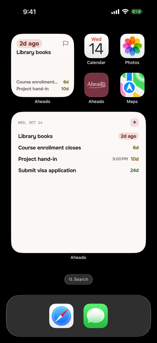 Aheado Home Screen widgets with Library books 2 days ago, Course enrollment closes, Project hand-in and Submit visa application