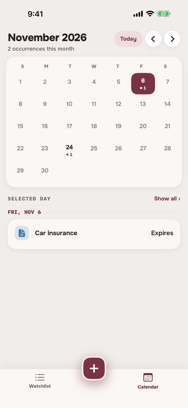 Aheado calendar for November 2026, with Car insurance expiring on Friday, November 6