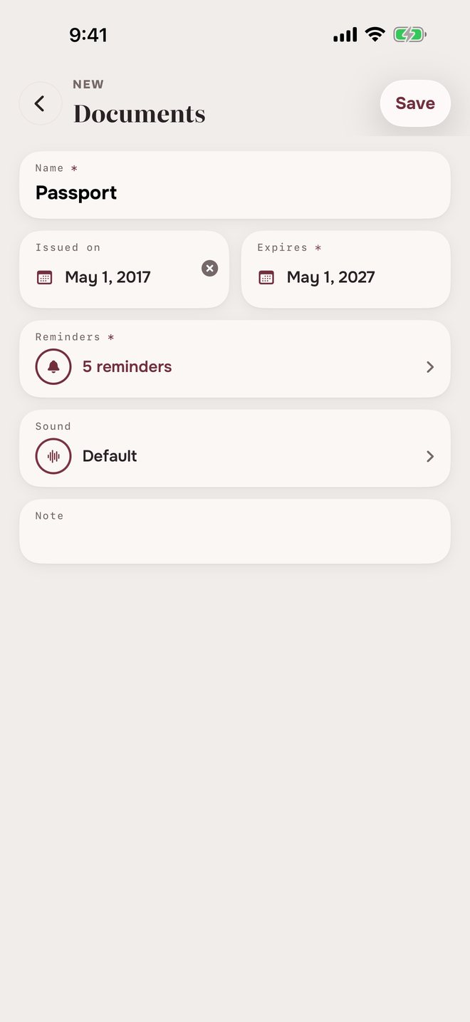 Aheado form for a new document: name, issued on, expires, reminders, sound and note
