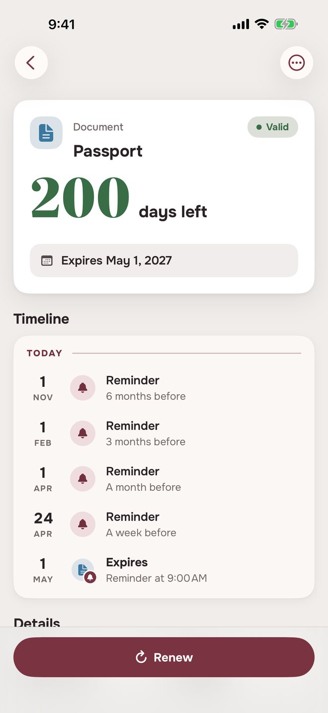 Aheado document page: Passport, 200 days left, with reminders 6 months, 3 months, a month and a week before, and on the expiry day