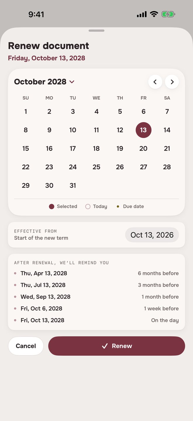 Aheado Renew document sheet: new expiry October 13, 2028, effective from October 13, 2026, with the reminders after renewal