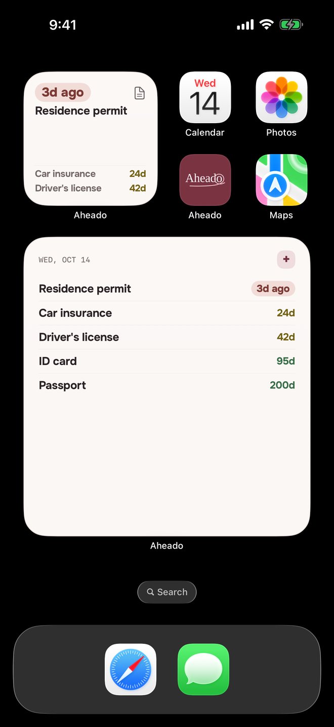 Aheado Home Screen widgets with Residence permit 3 days ago, Car insurance, Driver's license, ID card and Passport