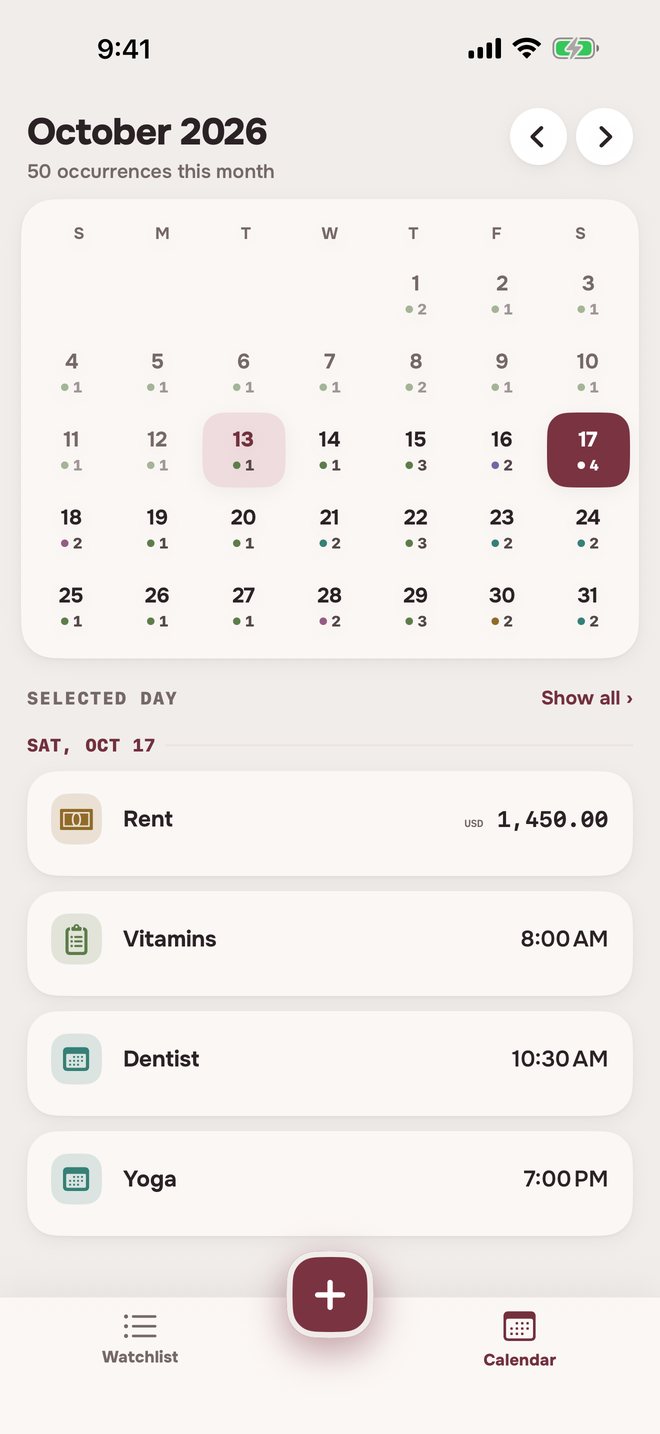 Aheado calendar for October 2026, with Dentist at 10:30 AM and Yoga at 7:00 PM on Saturday, October 17
