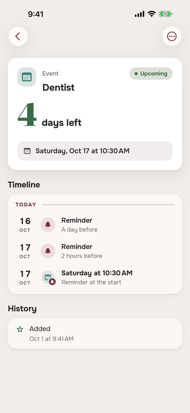Aheado event page: Dentist, 4 days left, with reminders a day before, 2 hours before and at the start