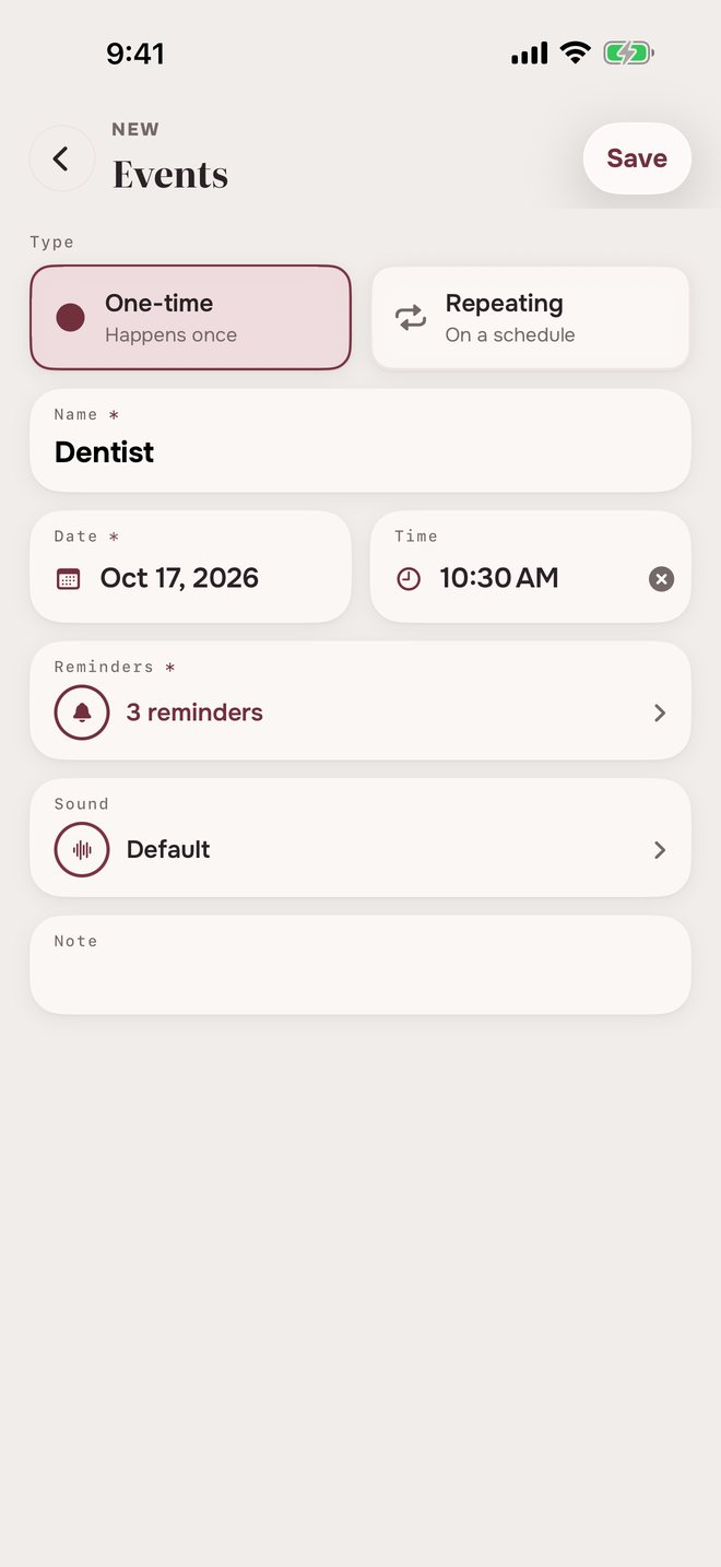 Aheado form for a new event: type, name, date, time, reminders, sound and note