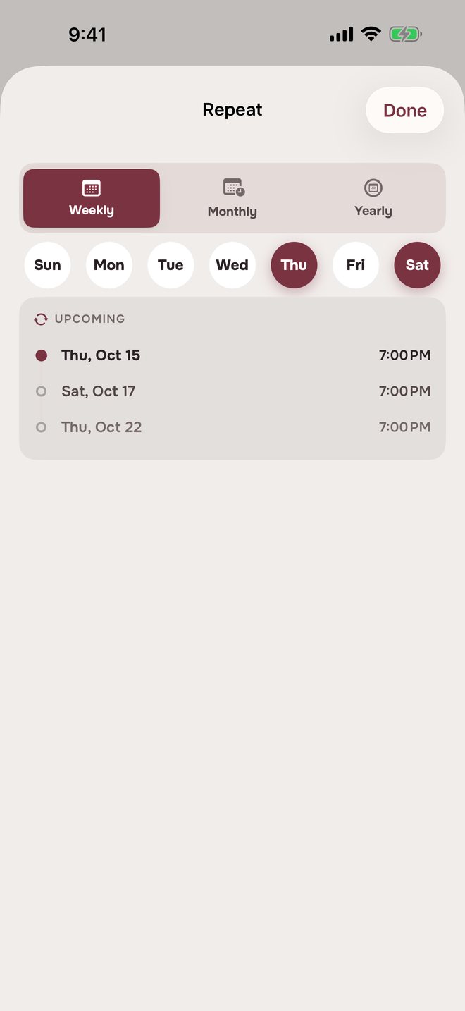 Aheado Repeat sheet: weekly on Thursday and Saturday, with the next three dates