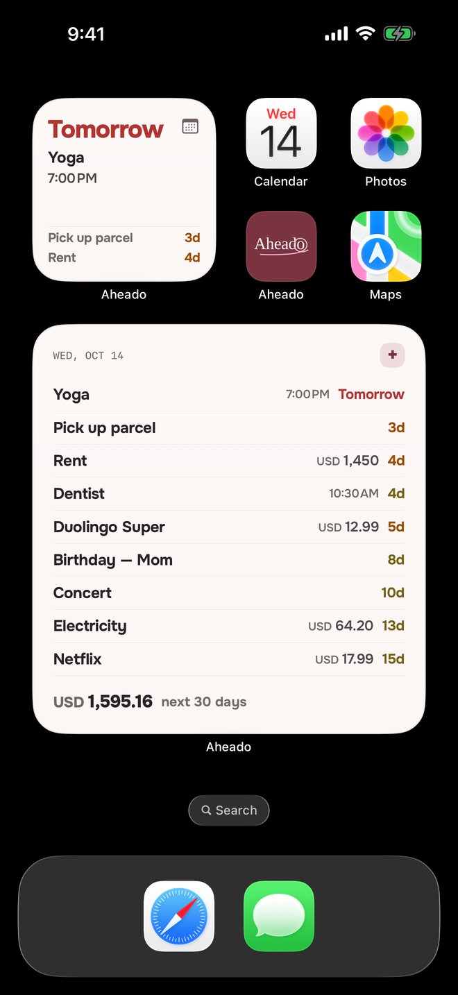 Aheado Home Screen widgets with Yoga at 7:00 PM, Dentist at 10:30 AM, Birthday — Mom and Concert