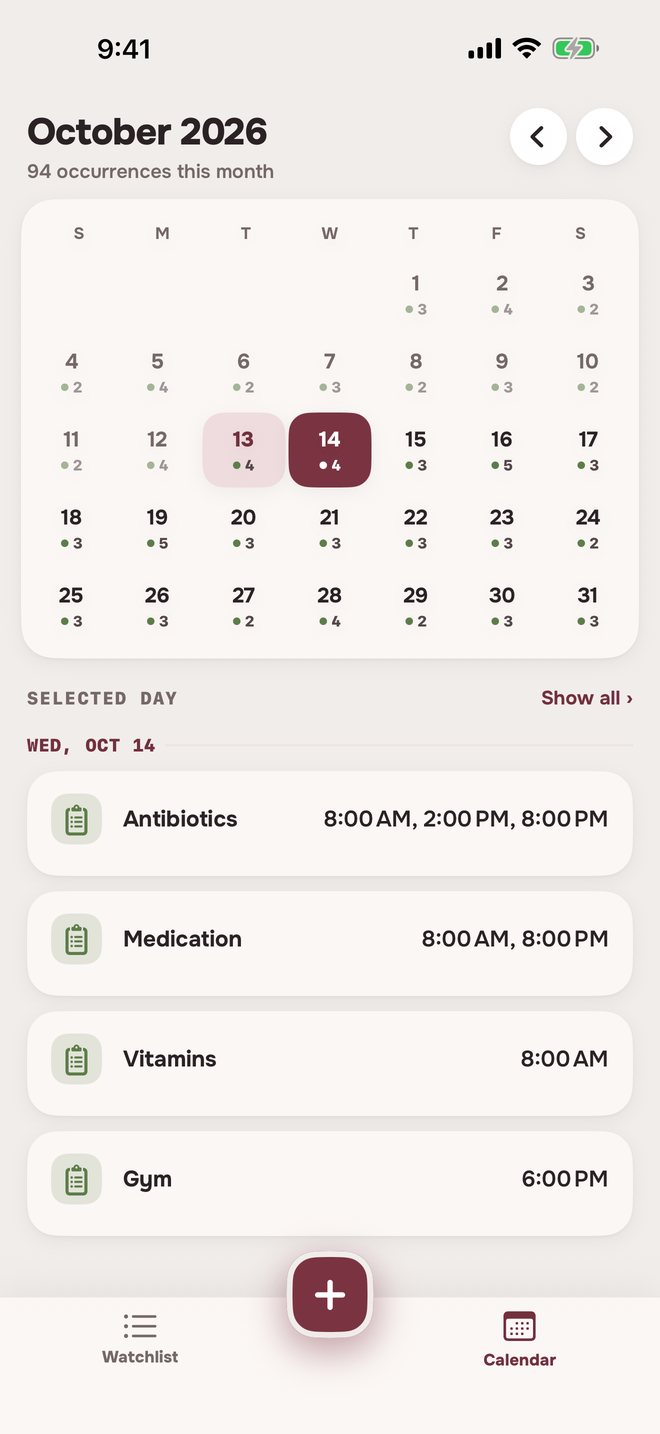 Aheado calendar for October 2026, with Antibiotics, Medication, Vitamins and Gym on Wednesday, October 14