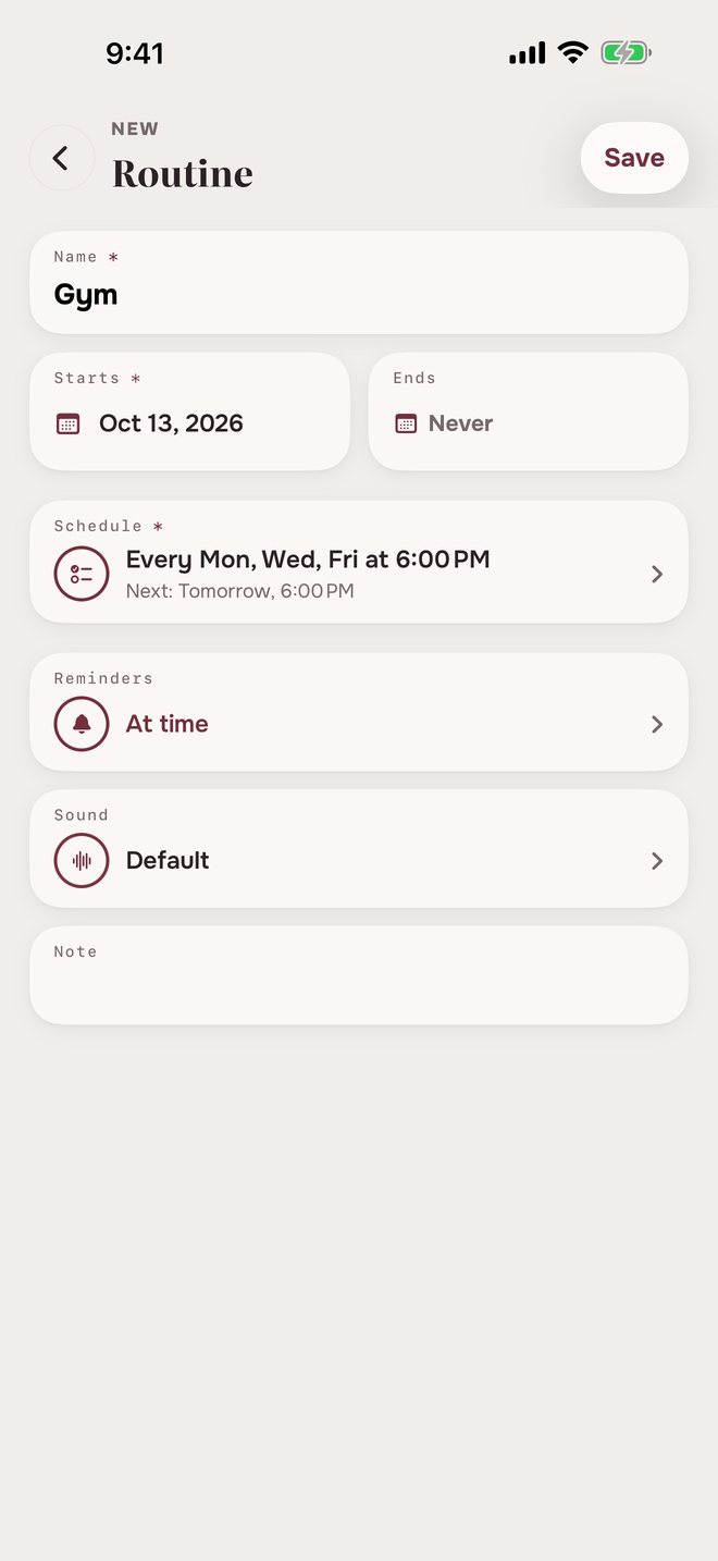 Aheado form for a new routine: name, starts, ends, schedule, reminders, sound and note