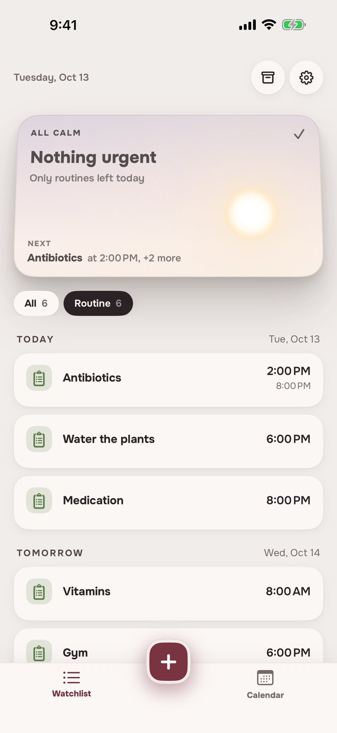 Aheado Watchlist filtered by Routine: Antibiotics at 2:00 PM and 8:00 PM, Water the plants at 6:00 PM, Medication at 8:00 PM today, Vitamins and Gym tomorrow