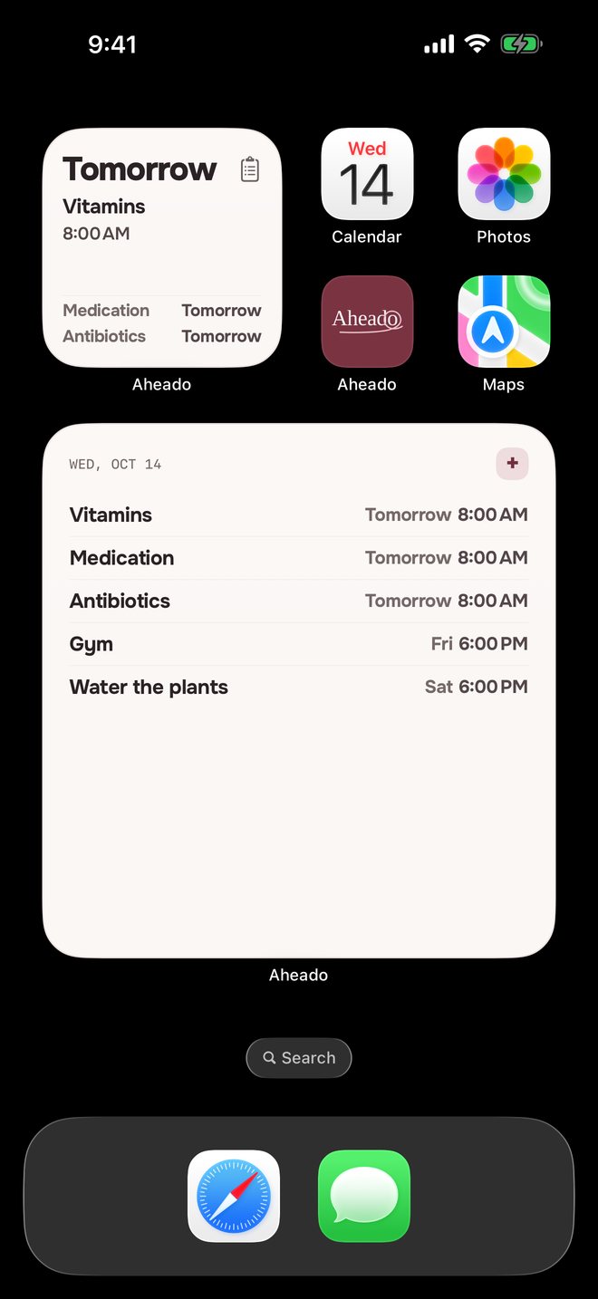 Aheado Home Screen widgets with Vitamins, Medication and Antibiotics tomorrow at 8:00 AM, Gym and Water the plants