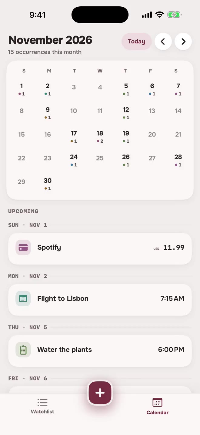 Aheado calendar for November with a Spotify charge of 11.99 on November 1