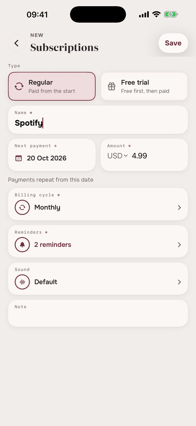 Aheado form for a new subscription: type, name, next payment, amount, billing cycle, reminders, sound and note