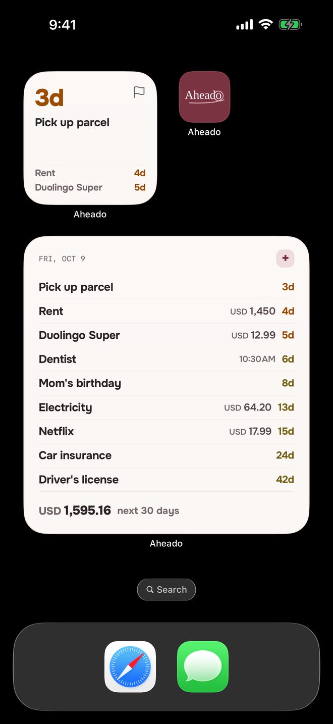 Aheado Home Screen widgets, the large one showing USD 1,595.16 for the next 30 days